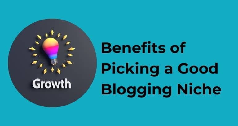 benefits of picking a good blogging niche written on a blue banner  with a lightbulb surrounded by flashes of light and the word growth in wite below
